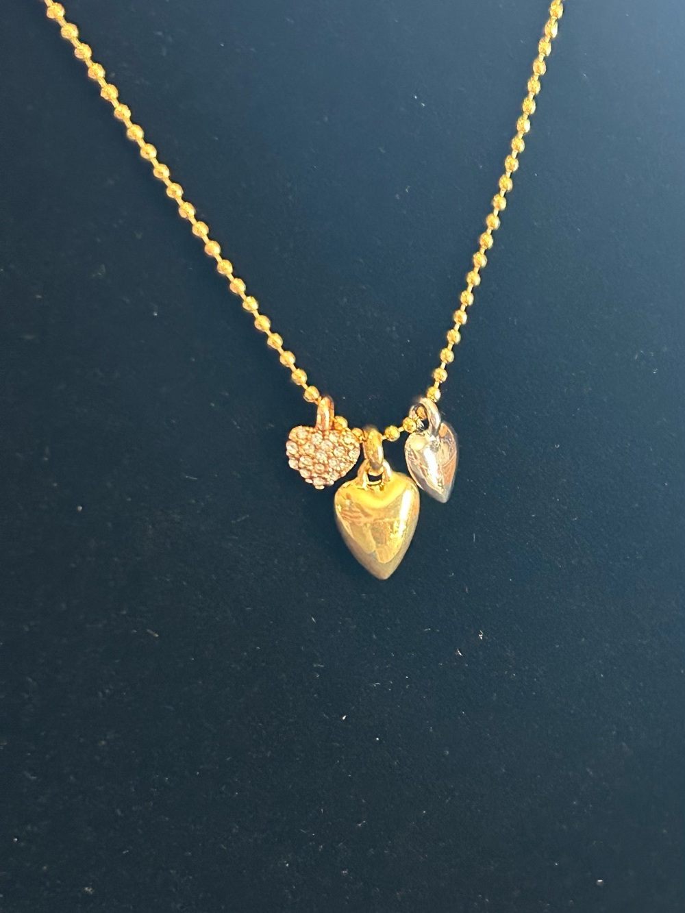 Vera Bradley Gold-Tone Heart Charm Necklace Cluster Pave Puffy Hearts